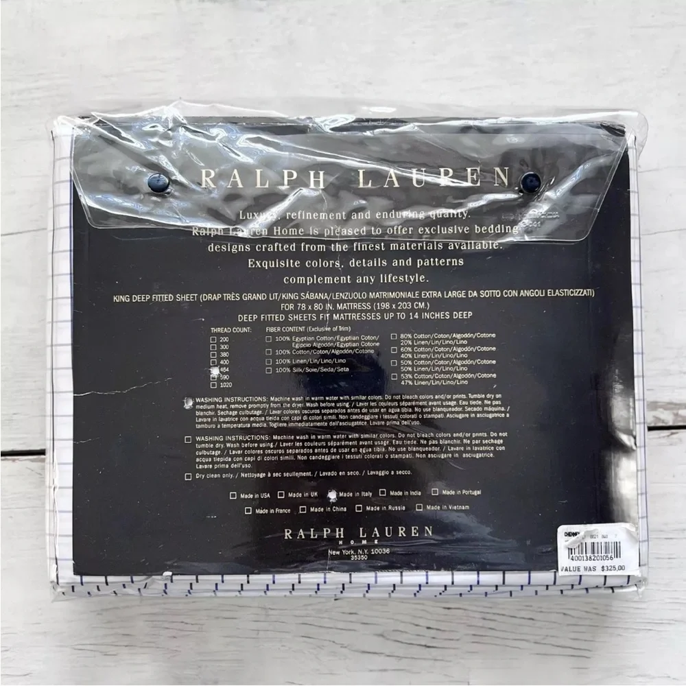 Ralph Lauren Tattersall Windowpane Check KING Fitted Sheet ITALY Black Navy NEW - Picture 4 of 8